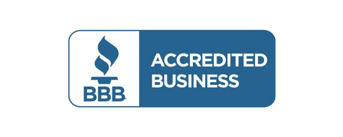 Logo of BBB Accredited Business with a blue flame symbol.